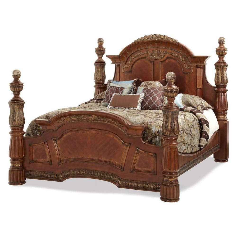 Villa Valencia Brown Eastern King Poster Bed Solid Wood Frame Marble Accents Classic Chestnut Finish Sturdy American Poplar Construction Elegant Canopy Design