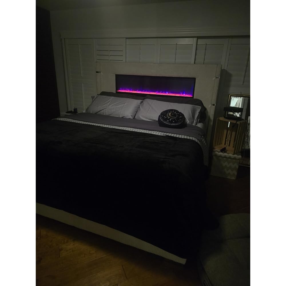 Cal King Fireplace Bed Frame, Upholstered Headboard, Light Gray