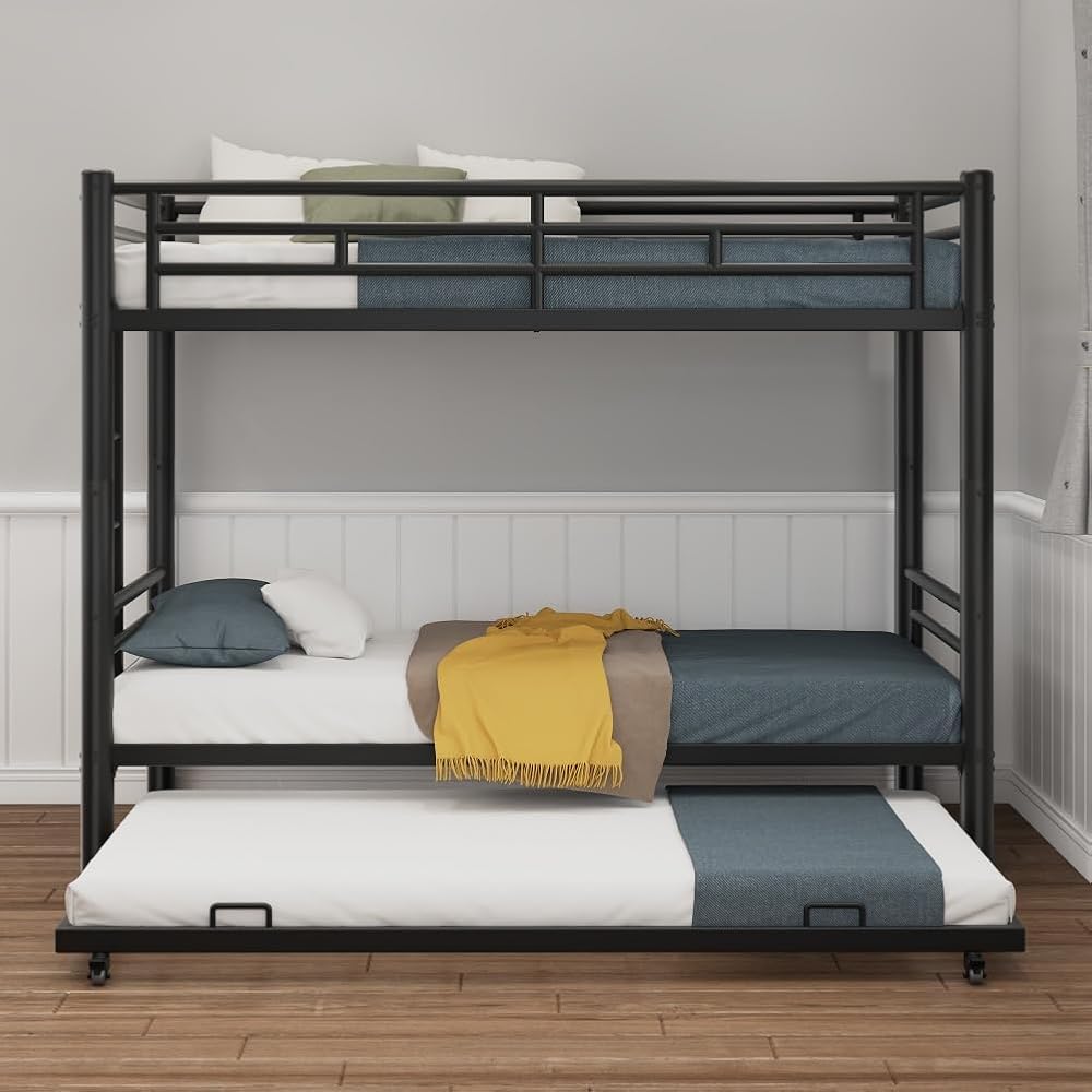 Metal Triple Bunk Bed, Twin Over Twins with Trundle, Heavy Duty Beds Frame with Ladder and Safety Rails for Small Bedroom, Space-Saving Noise Free (Black)