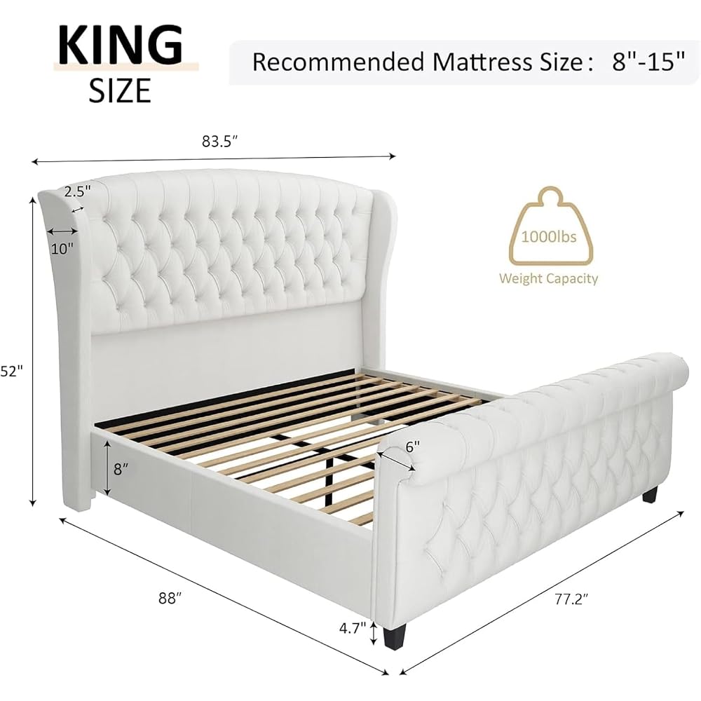 Queen Size Upholstered Sleigh Bed Frame with Wingback Headboard