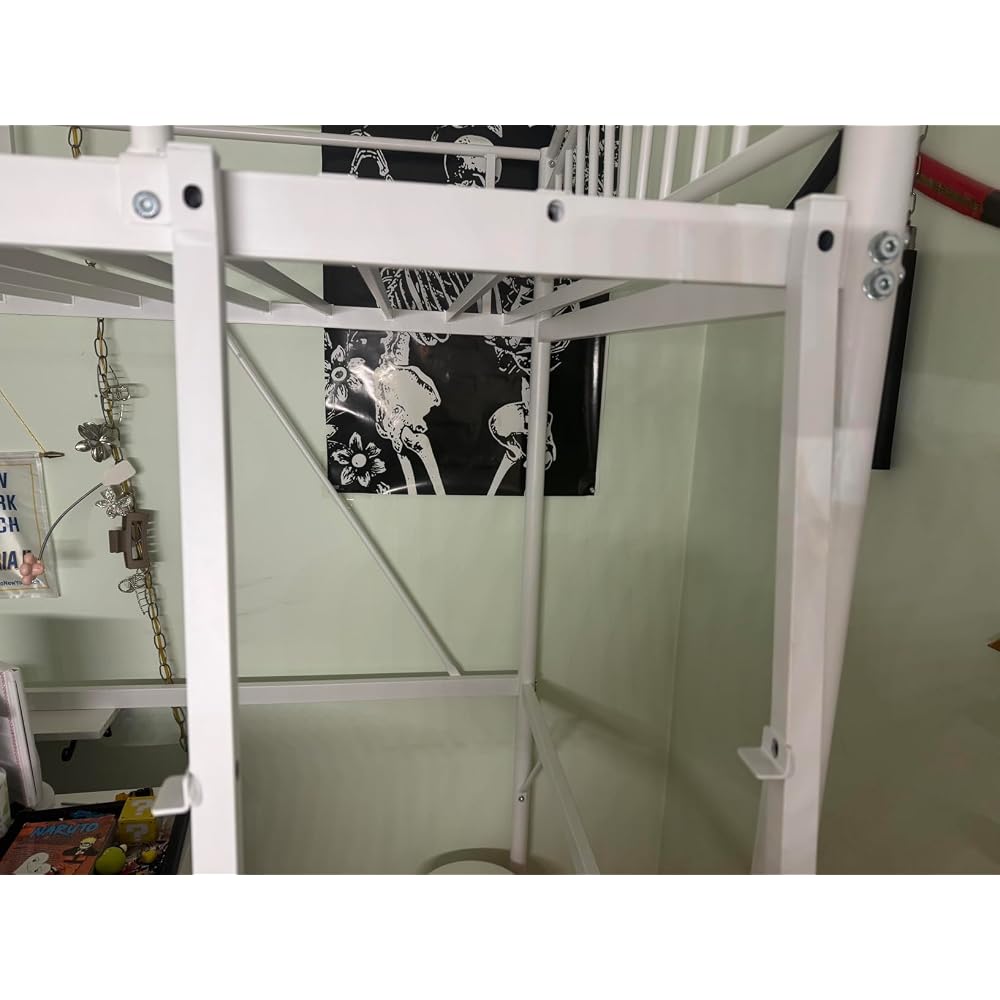 Loft Bed White Twin with Storage Bag, Metal Twin Size Loft Beds for Kids with Convertible Ladder, Safety Guard Rails and Anti-tip Nails for Teenager，Girls or Boys (White)
