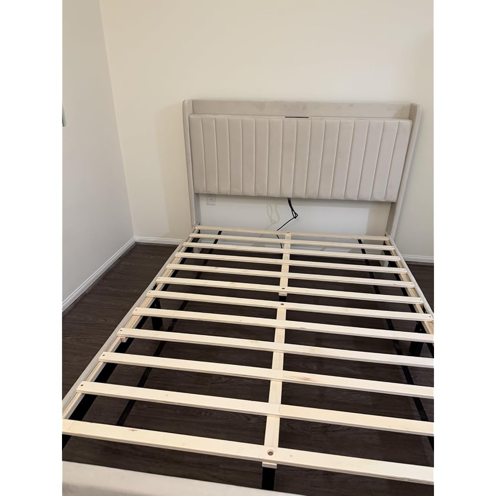 Queen Bed Frame with Channel-Tufted Storage Headboard, Cool Beige