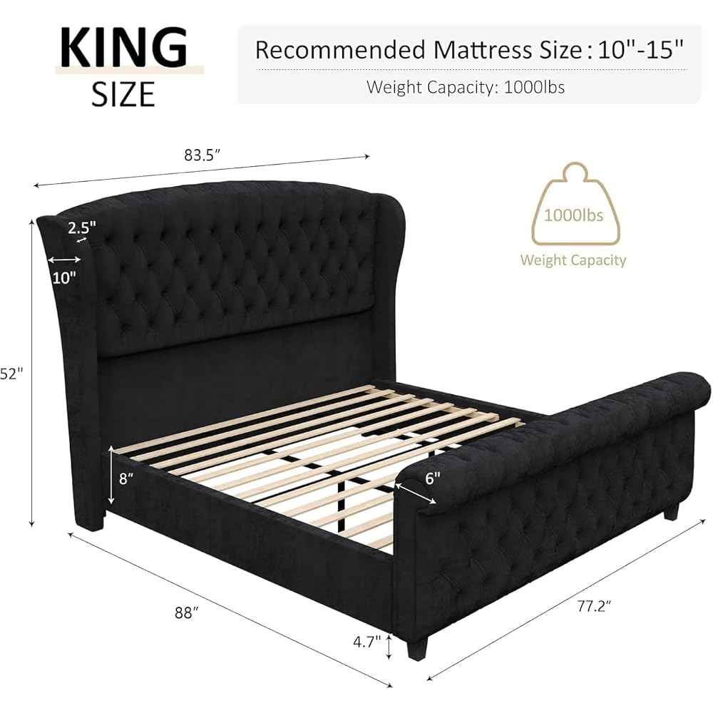 Queen Size Upholstered Sleigh Bed Frame with Wingback Headboard