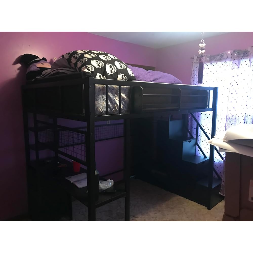 Loft Bed with Desk and Stairs, Headboard, Outlet (Black, Full)