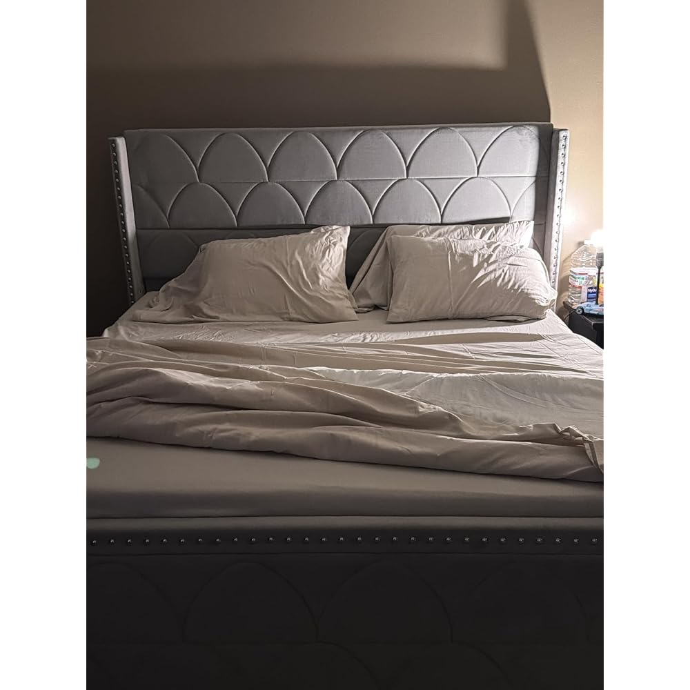 King Size Bed Frame with 56" Headboard - Velvet Upholstered Wingback Platform Bed Frame, Noise Free, Sturdy Wooden Slat Support (Deep Gray, King)