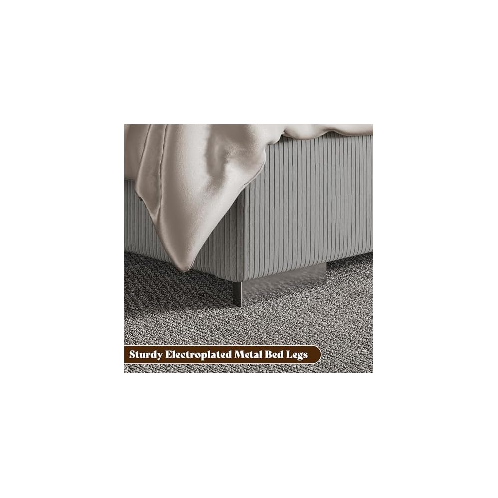 Cal King Fireplace Bed Frame, Upholstered Headboard, Light Gray