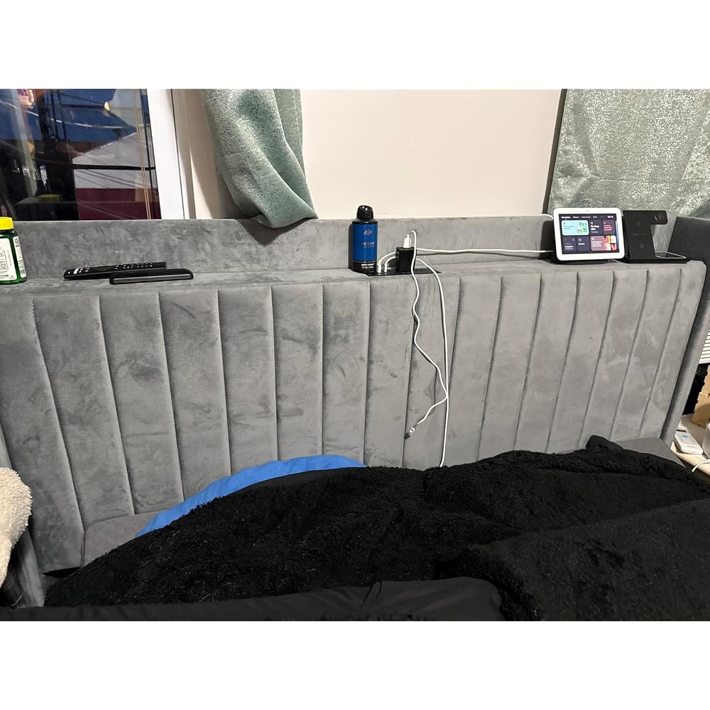 Queen Bed Frame with Channel-Tufted Storage Headboard, Cool Beige
