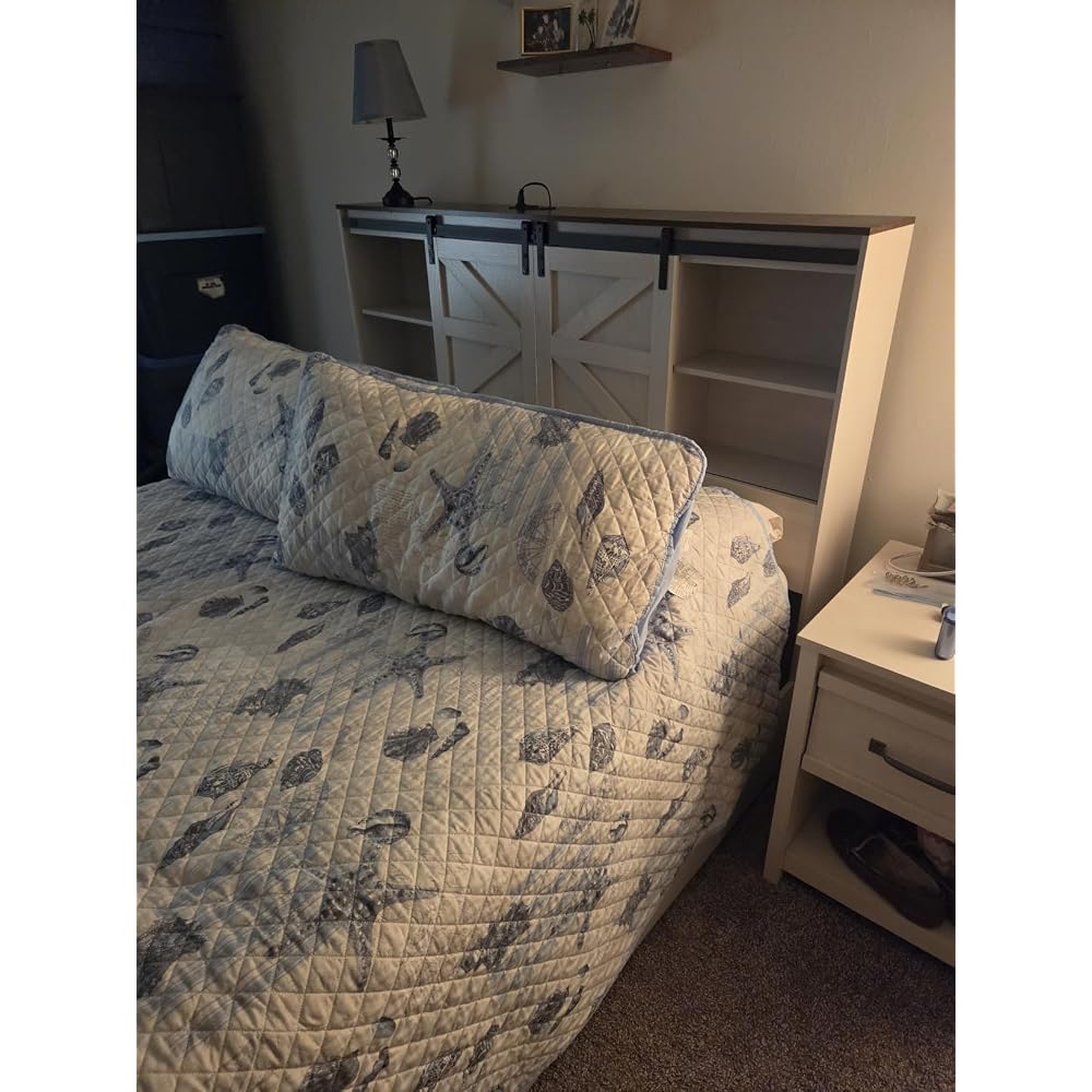 Farmhouse Queen Size Bed with 50" Tall Storage Bookcase Headboard