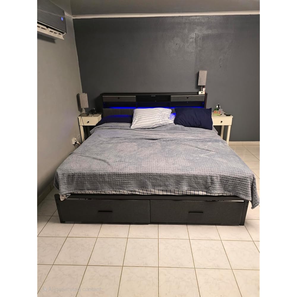 King Size Linen Upholstered Bed with Charging Station & LED Light