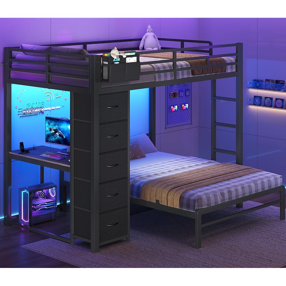 Full Size Bunk Bed with Desk, 5 Drawers, Charging Station, Black