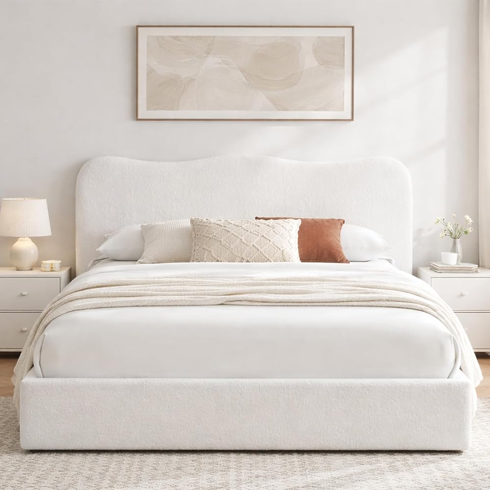 Queen Size Storage Bed Frame with 4 Pull-Out Drawers, Modern Upholstered Boucle Platform Bed with Curved Headboard, Wood Slats, No Box Spring Needed, Cream White