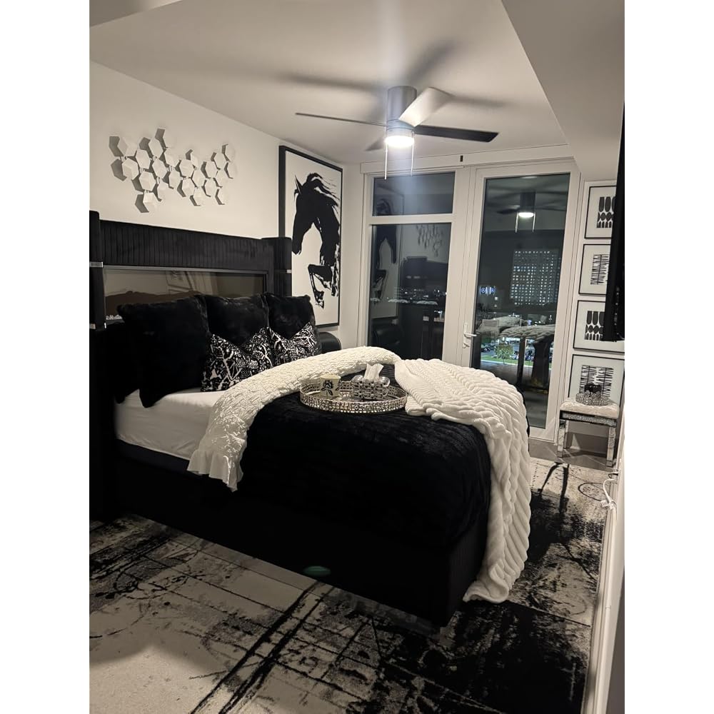 Cal King Fireplace Bed Frame, Upholstered Headboard, Light Gray