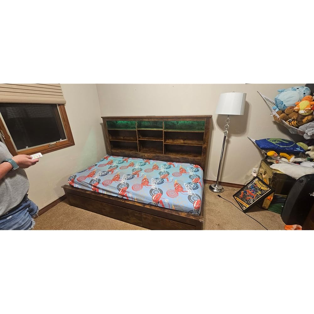 Twin Bed Frame Bookcase Headboard USB/LED Lights&3 Drawers, Black