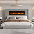 Cal King Fireplace Bed Frame, Upholstered Headboard, Light Gray