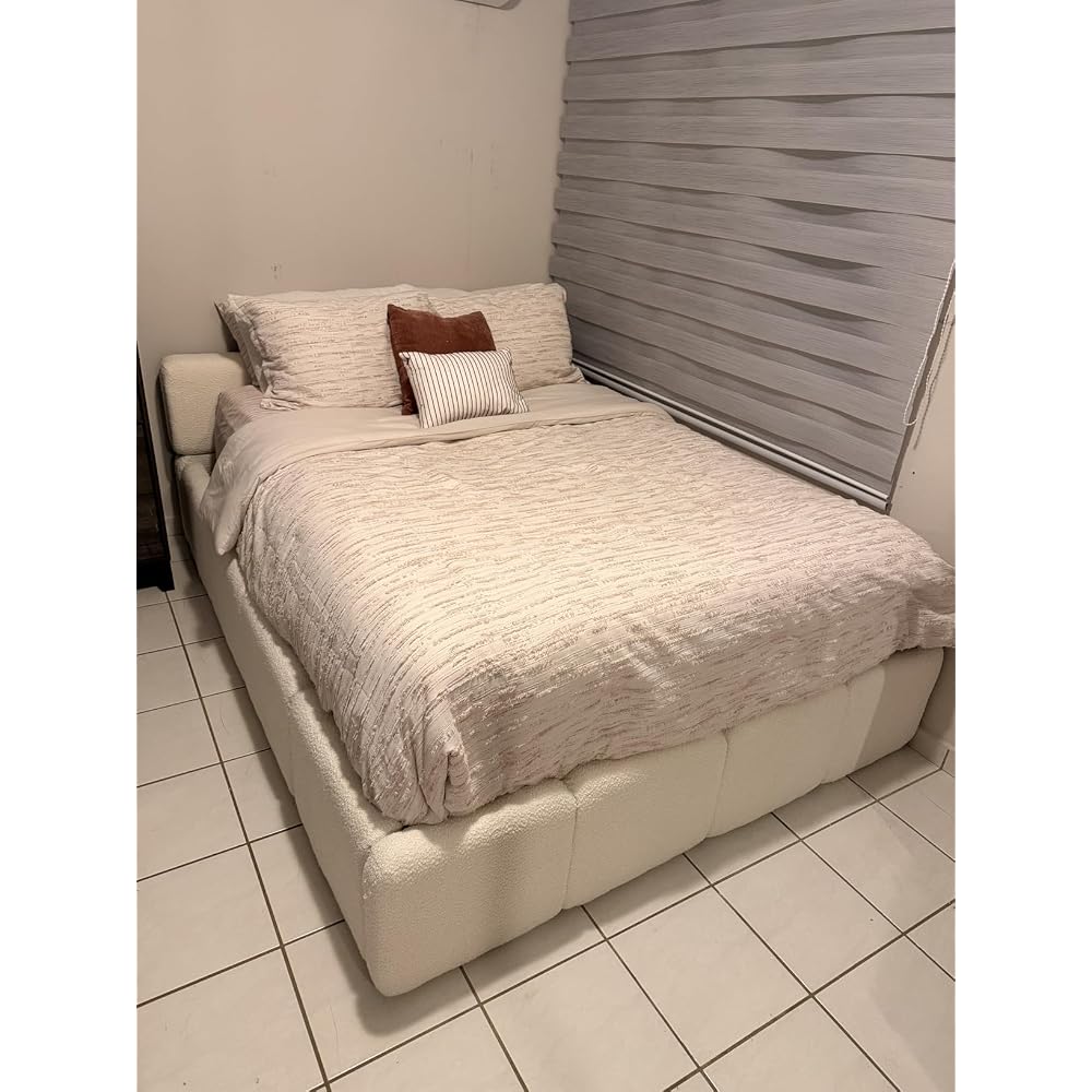 California King Boucle Platform Bed with Thick Headboard, Green
