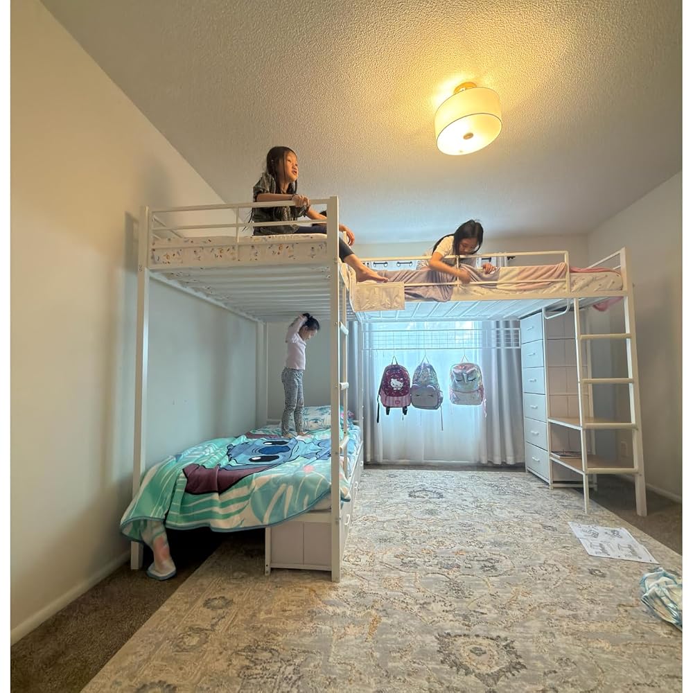 Triple Bunk Bed with 9 Storage Drawers and LED Lights, Twin Over Twin 3 Bed Bunk Beds for Kids with Shelves and Pegboard, Heavy-Duty Metal Bunk Bed with Full-Length Guardrail and Dual Ladders, Black