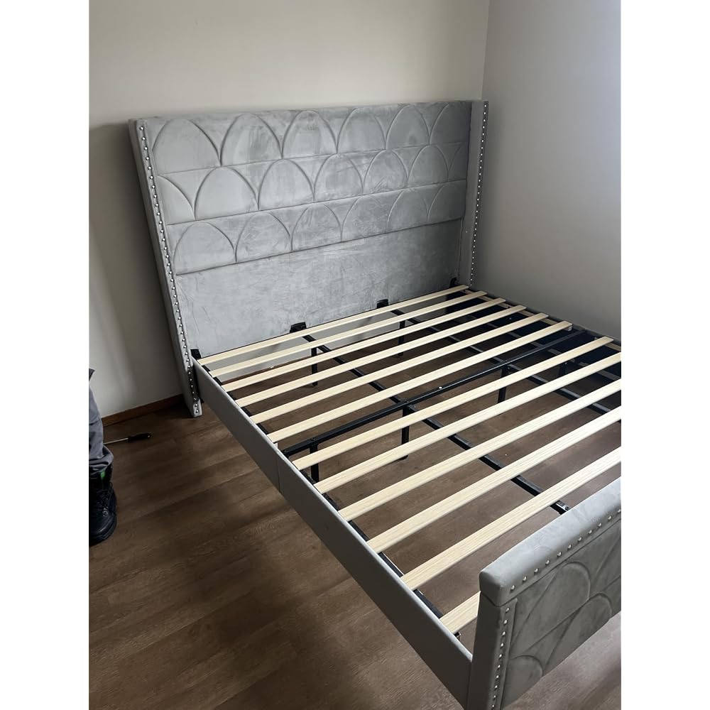 King Size Bed Frame with 56" Headboard - Velvet Upholstered Wingback Platform Bed Frame, Noise Free, Sturdy Wooden Slat Support (Deep Gray, King)