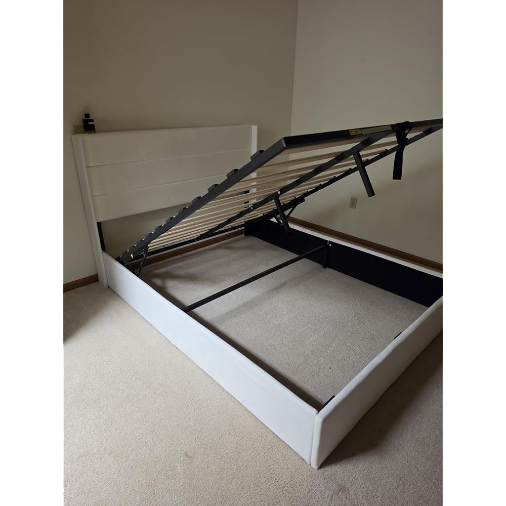 King Size Lift Up Hydraulic Storage Bed Frame Light Beige