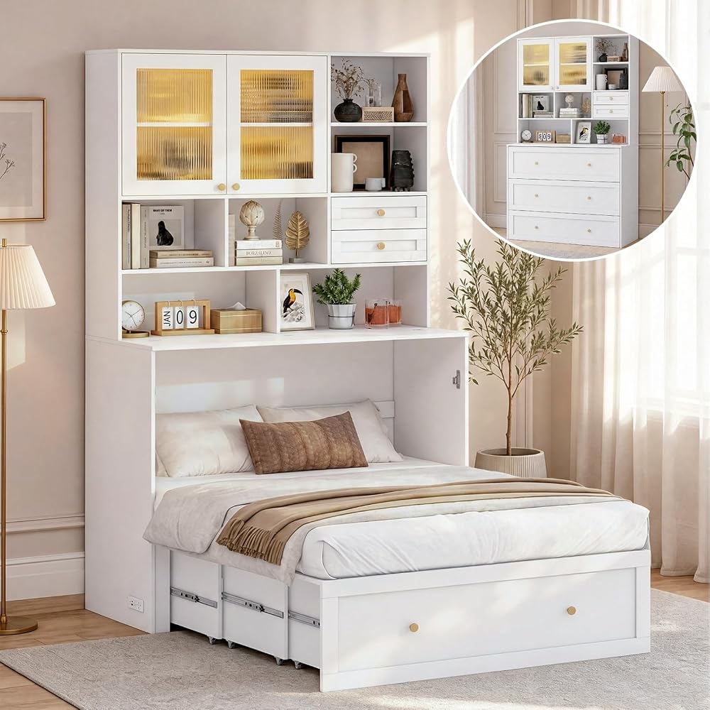 Murphy Bed with Large Storage, LED Light, Charging Station (Queen)