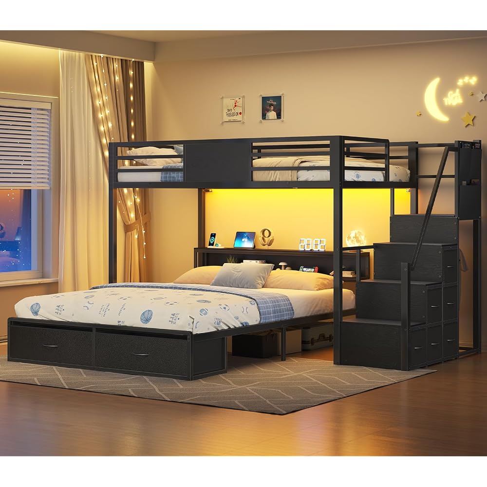 Twin Over Full Bunk Bed with Storage Stairs, 8 Drawers, Black
