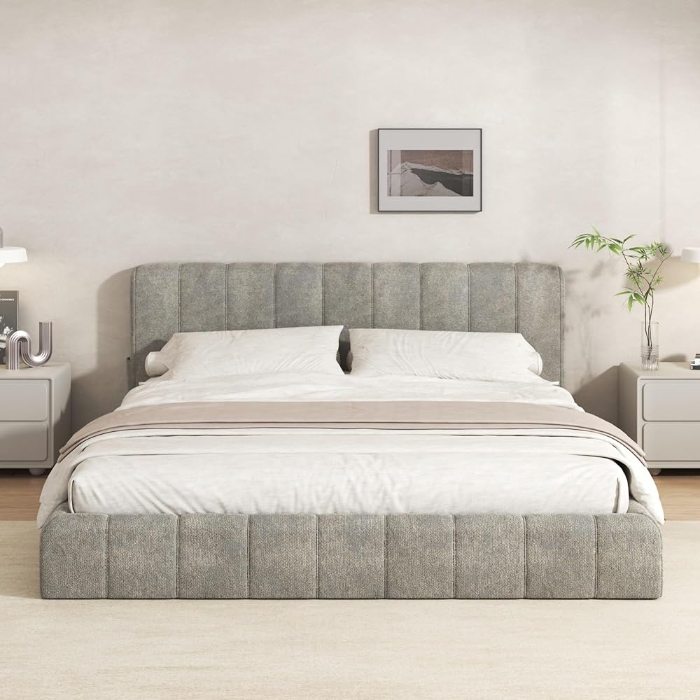 Full Cloud Bed Frame, Boneless Cushioned Foam Bed with Plush Fabric