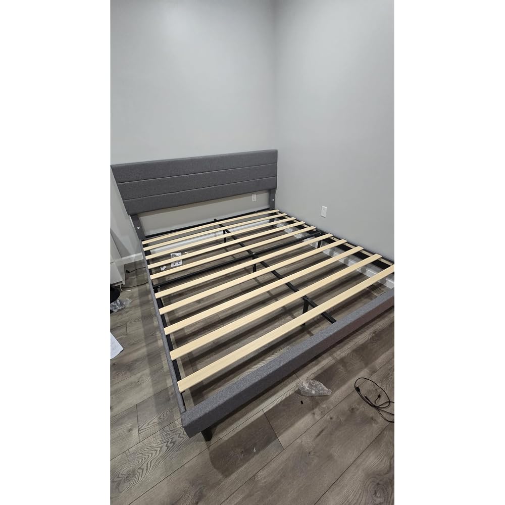 Full Platform Bed Frame with Adjustable Linen Fabric Upholstered Headboard, Strong Slats Support, Noise-Free, No Box Spring Required, Easy Assembly for Bedroom Guest Room, Beige