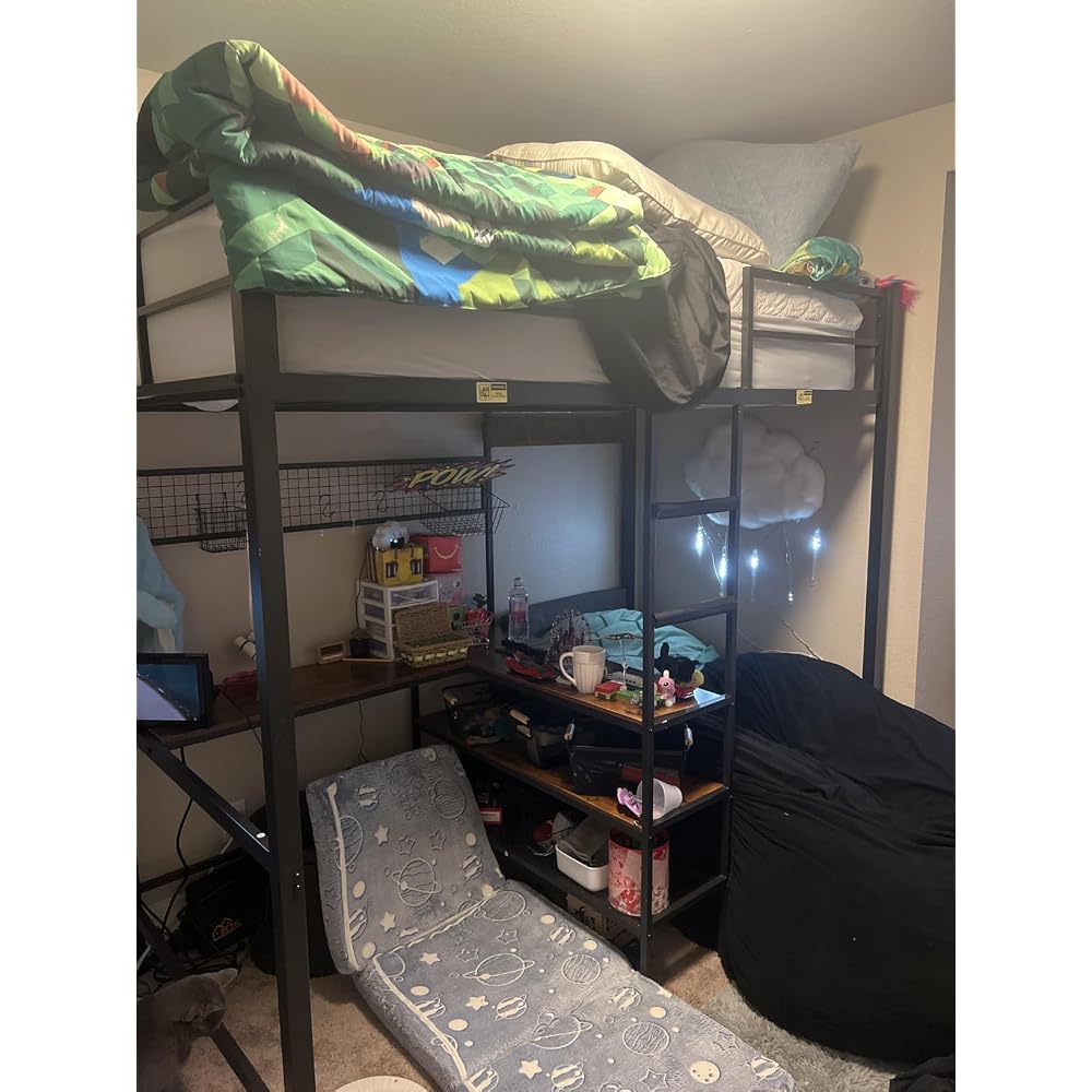 Twin Loft Bed with L-Shaped Desk,Storage Shelves and Charging Station Metal Loft Bed Twin Size with LED Lights,Coat Rack with Drawers and Stair,Top Bunk with Safety Guardrail for Teen,Black