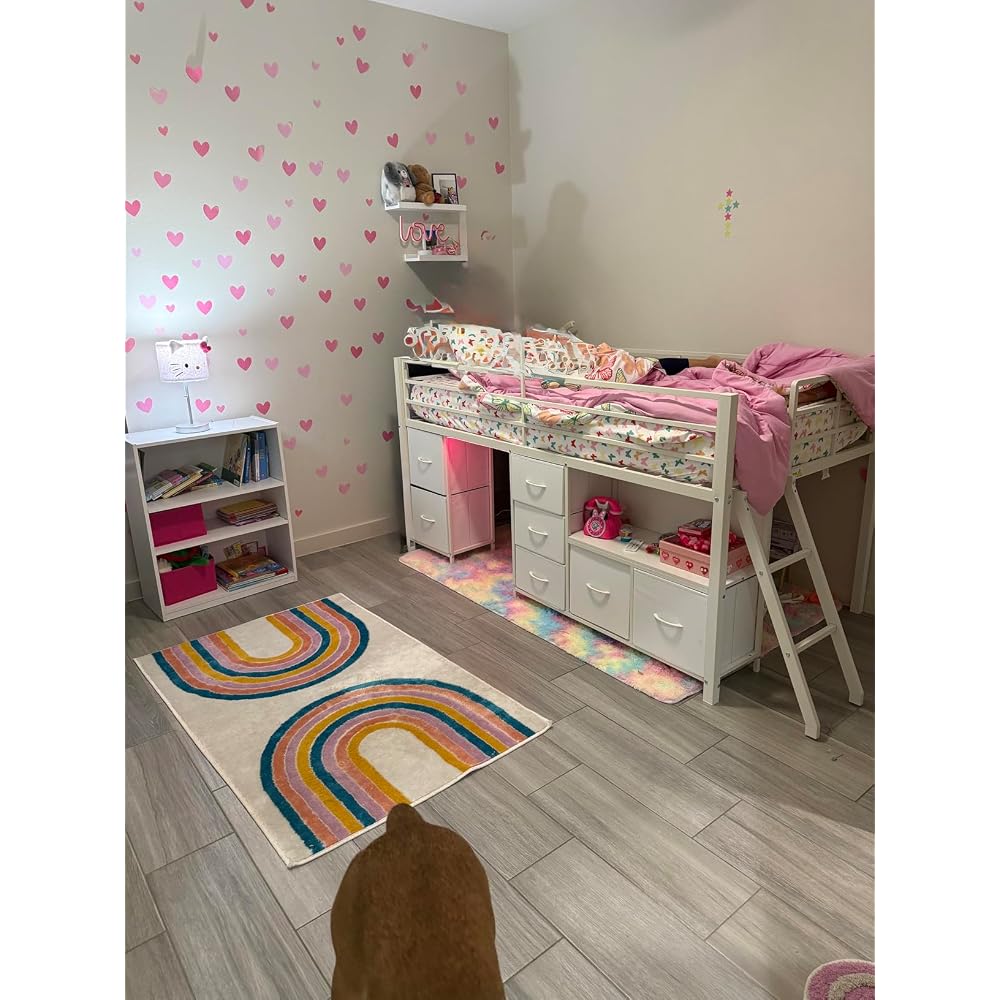 Kids Low Loft Bed Full with 7 Drawers, Bookcase, Safety Guardrail