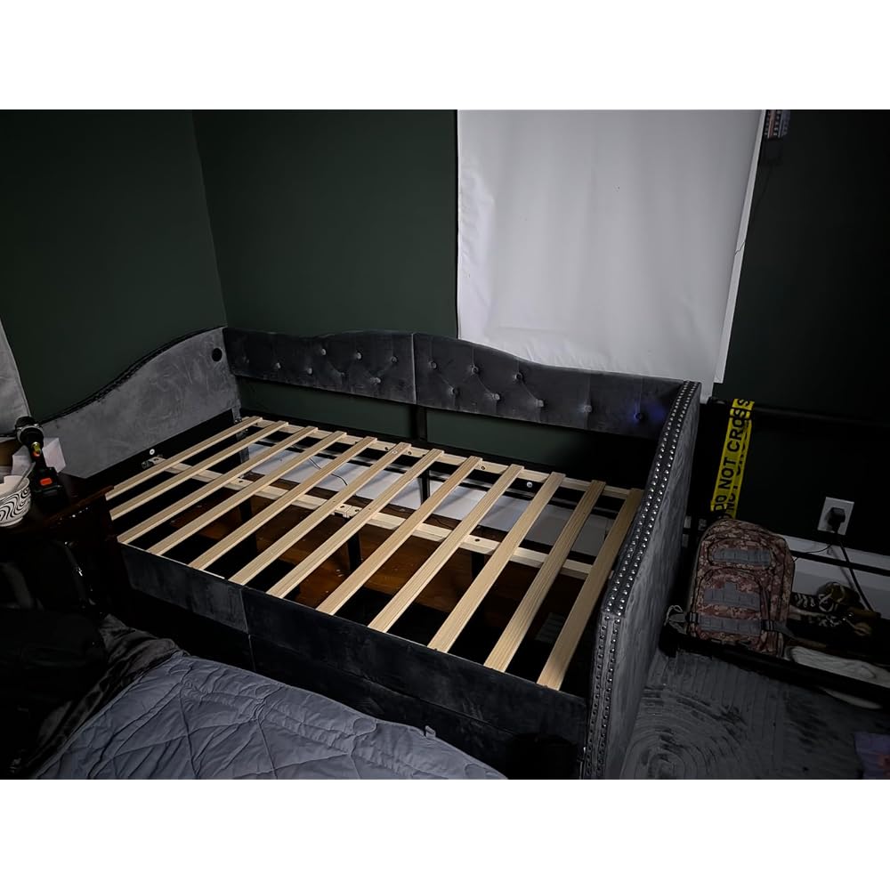 Twin Corner Bed Frame with Storage and Led Lights, Upholstered Daybed Twin Size with Storage Drawers and Charging Station for Living Room,Bedroom (Gray)