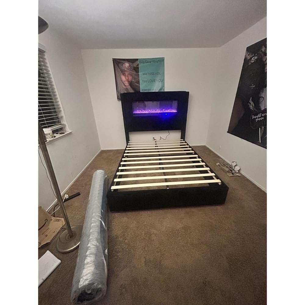 Cal King Fireplace Bed Frame, Upholstered Headboard, Light Gray