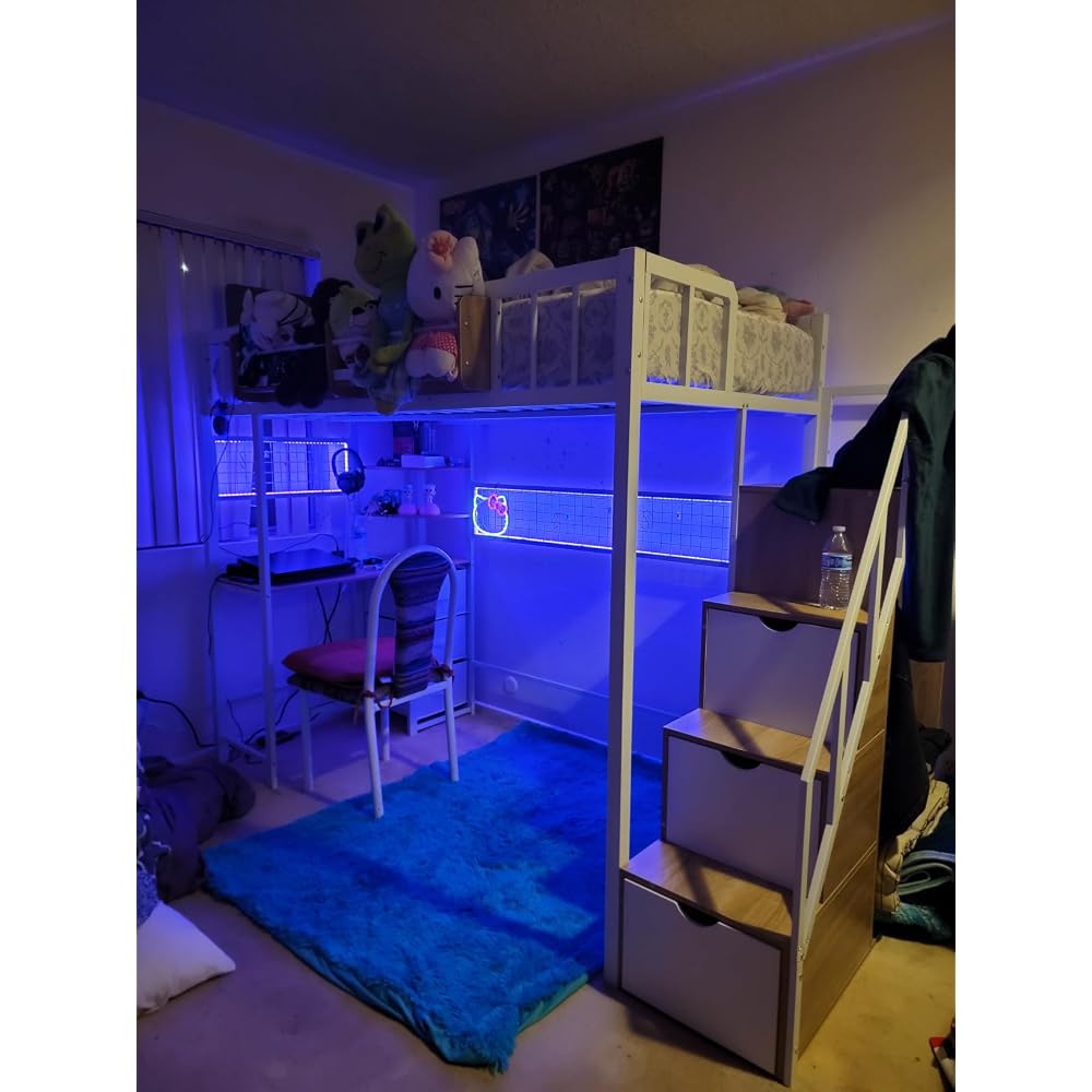 Loft Bed with Desk and Stairs, Headboard, Outlet (Black, Full)