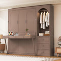 Queen Murphy Bed with Desk and Storage & LED Light, Solid Wood Murphy Wall Bed Cabinet with Storage Drawers &Clothes Rack,Space Saving for Office Bedroom Library,Guest Room (Queen,Brown)