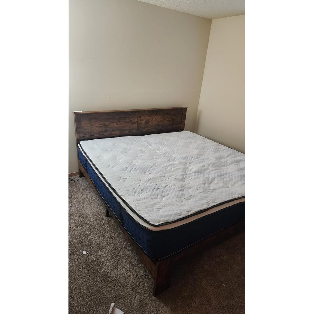 Wood Full Bed Frame with Headboard, Vintage Brown