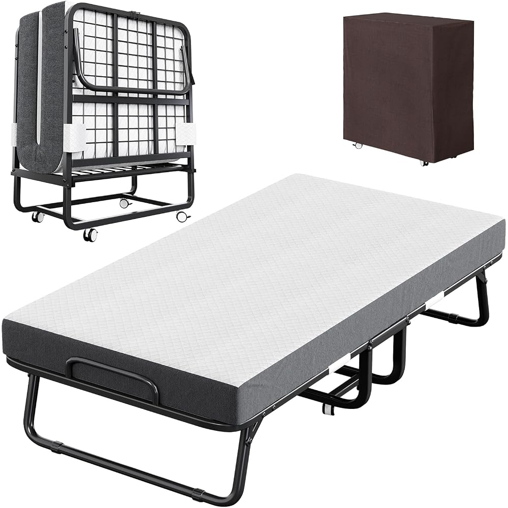 Folding Bed with Mattress and Storage Cover - 75"x38" Twin Size Frame, Portable Rollaway Guest Bed with 5-inch Memory Foam Mattress, Space-Saving Foldable Design for Easy Storage