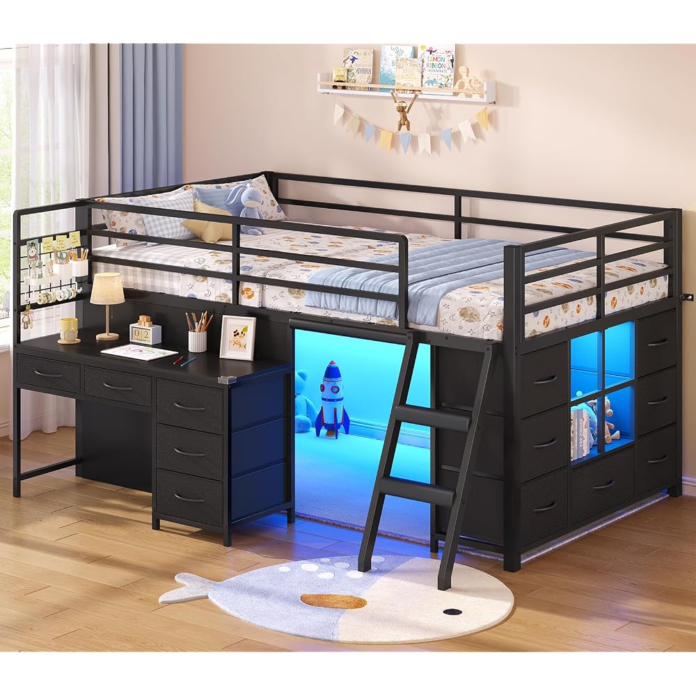 Low Loft Bed Twin Size with Desk, 12 Storage Drawers, Window, Black