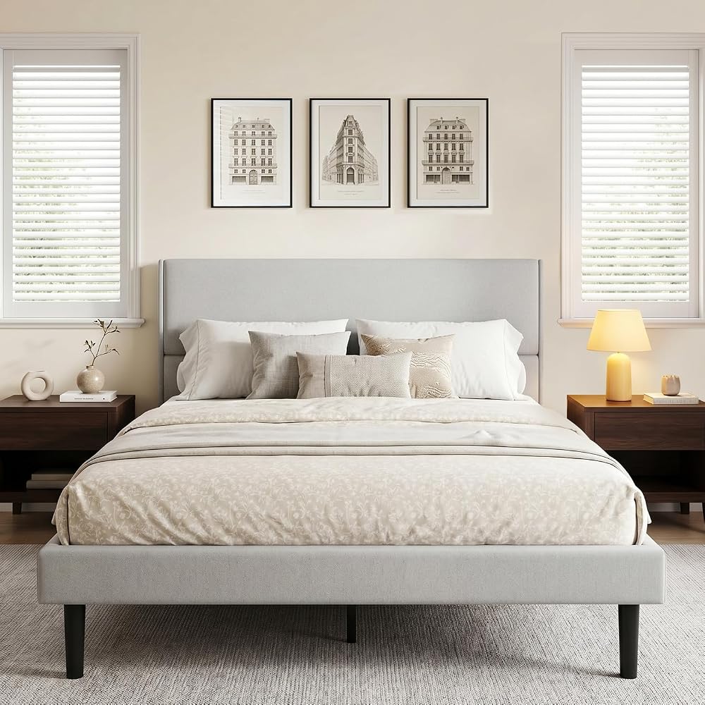 Queen Size Bed Frame with Linen Upholstered Headboard, Noise-Free Metal & Wood Structure, No Box Spring Needed, Easy Assembly, Grey (Queen (U.S. Standard))
