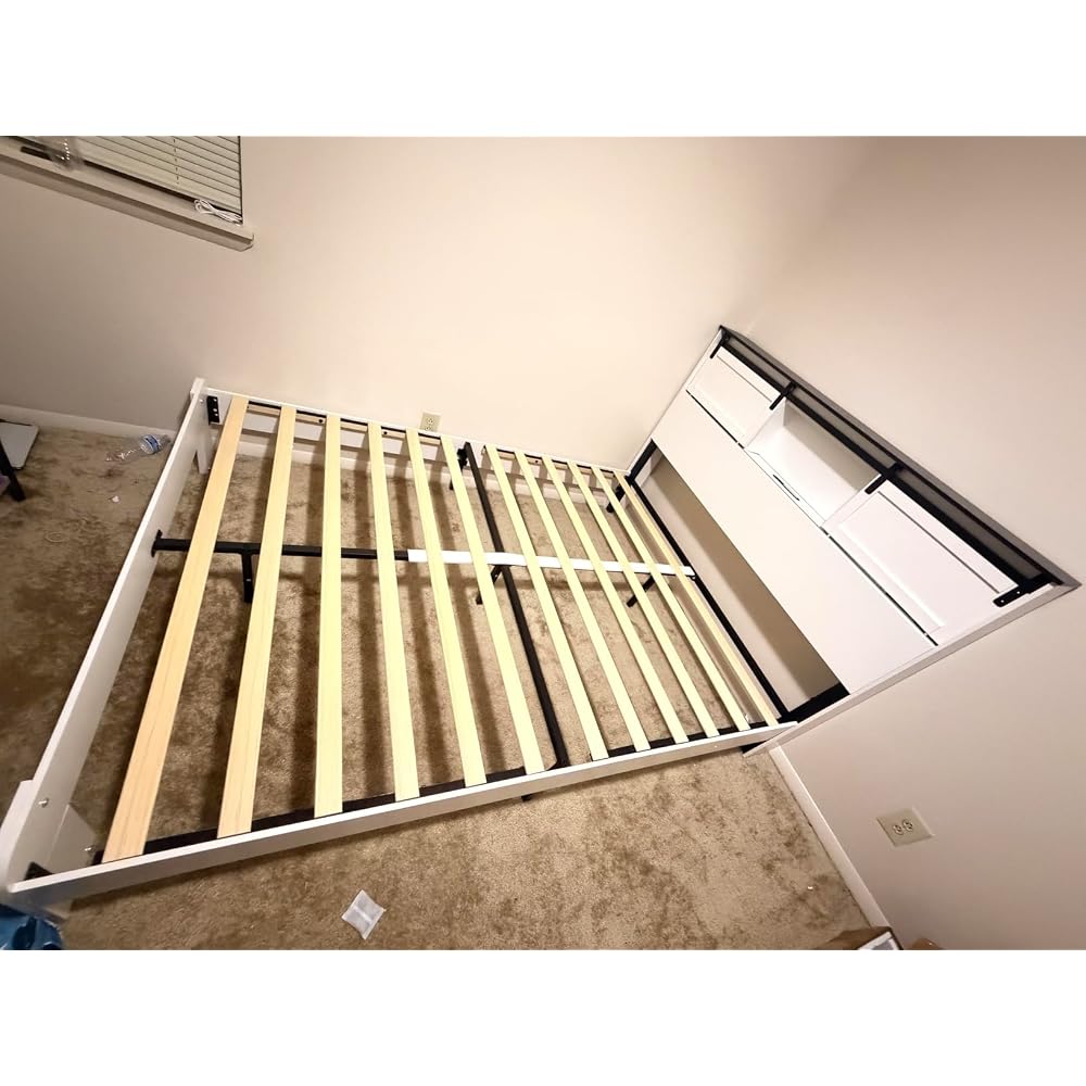 Farmhouse Platform Bed Frame with Storage Headboard and Dual USB Ports