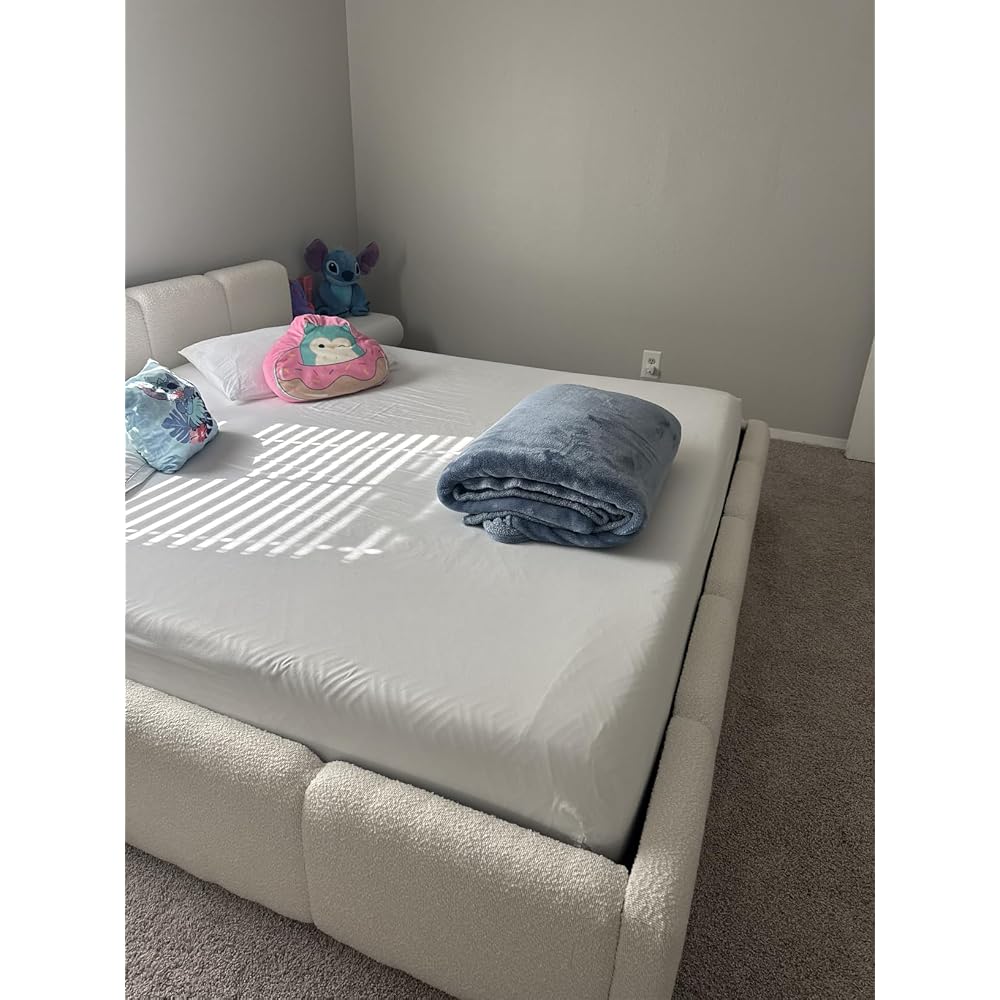 California King Boucle Platform Bed with Thick Headboard, Green