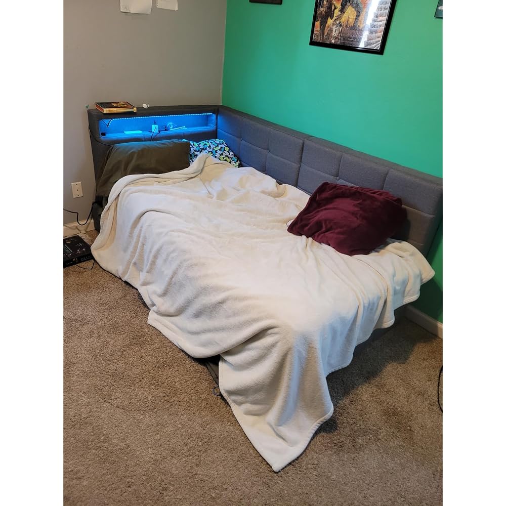 Twin Corner Bed Frame with Storage and Led Lights, Upholstered Daybed Twin Size with Storage Drawers and Charging Station for Living Room,Bedroom (Gray)