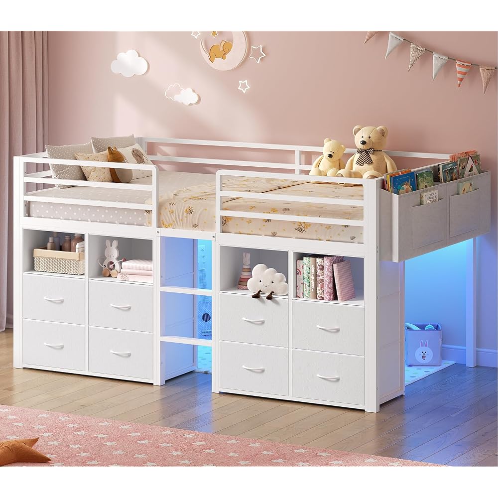 Low Loft Bed Twin Size with 8 Storage Drawers for Kids, White