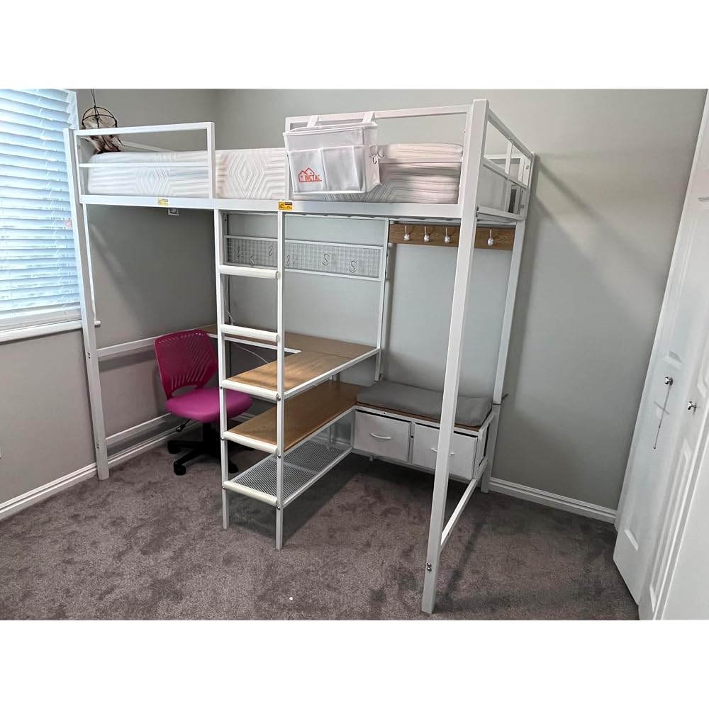 Twin Loft Bed with L-Shaped Desk,Storage Shelves and Charging Station Metal Loft Bed Twin Size with LED Lights,Coat Rack with Drawers and Stair,Top Bunk with Safety Guardrail for Teen,Black