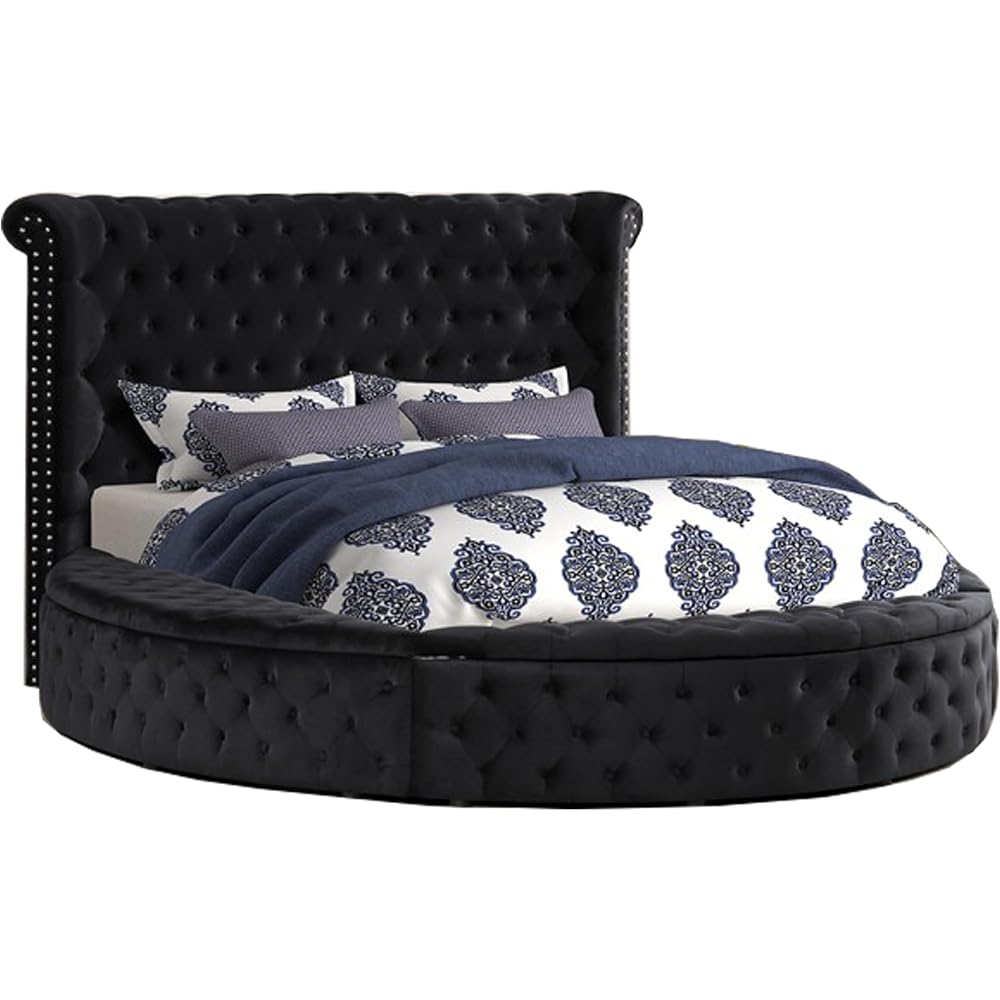 Velvet Tufted Platform Storage Bed, Circle Bed with Button Tufting, Storage Compartments in Rails and Footboard (Black, Eastern King)