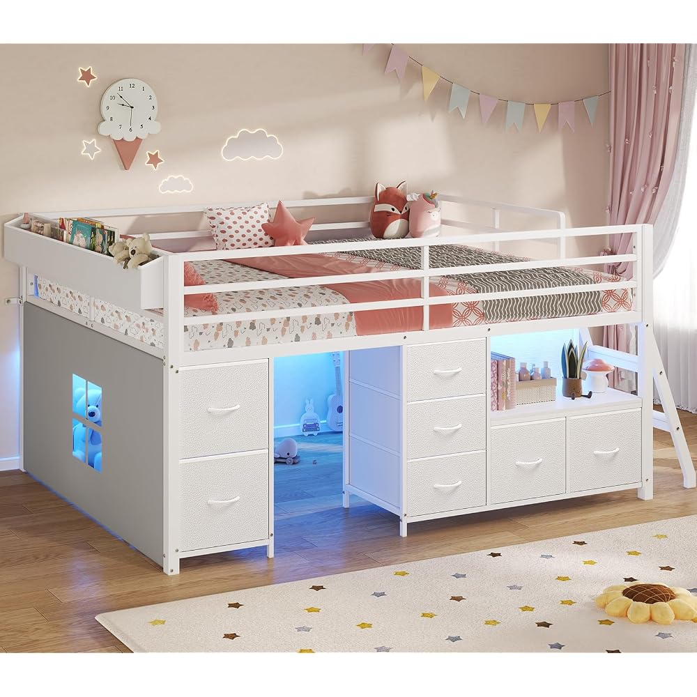 Kids Low Loft Bed Full with 7 Drawers, Bookcase, Safety Guardrail