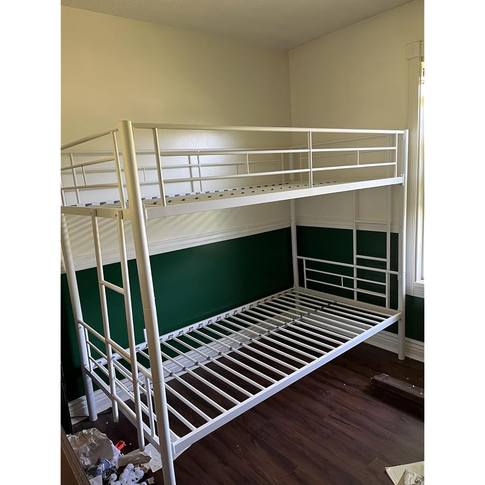 Bunk Bed Twin Over Twin, Metal Bunkbeds with Ladder and Full-Length Guardrail, No Box Spring Needed, Space Saving, Noise Free, Light Pink