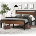 14 Inch Full Size Metal Platform Bed Frame with Wooden Headboard and Footboard, Mattress Foundation, No Box Spring Needed, Large Under Bed Storage, Non-Slip Without Noise, Walnut