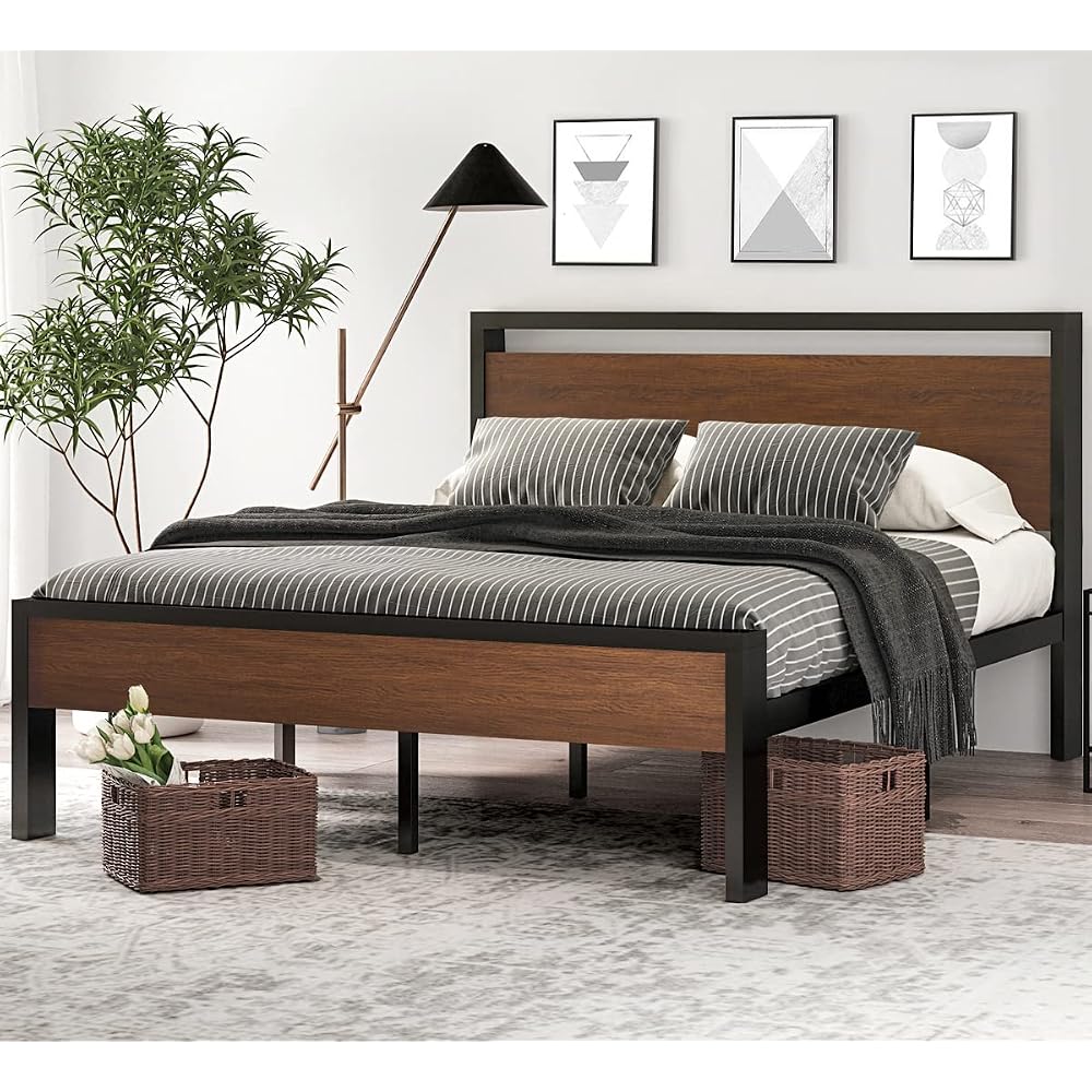 14 Inch Full Size Metal Platform Bed Frame with Wooden Headboard and Footboard, Mattress Foundation, No Box Spring Needed, Large Under Bed Storage, Non-Slip Without Noise, Walnut