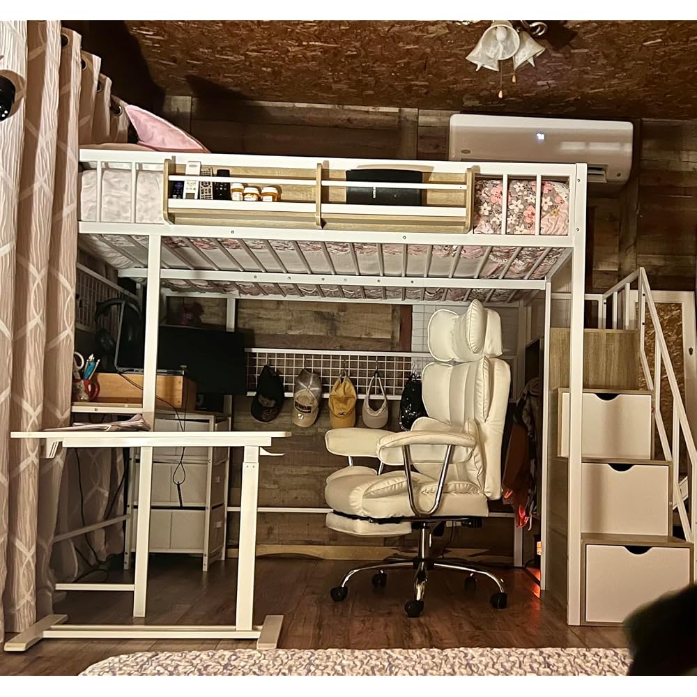 Loft Bed with Desk and Stairs, Headboard, Outlet (Black, Full)