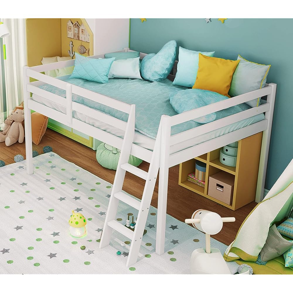Junior Low Loft Bed with Stairs, White Wood Loft Bed Full Size for Adults, Kids and Young Teens, No Box Spring Required,Wood Slat Support