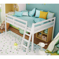 Junior Low Loft Bed with Stairs, White Wood Loft Bed Full Size for Adults, Kids and Young Teens, No Box Spring Required,Wood Slat Support