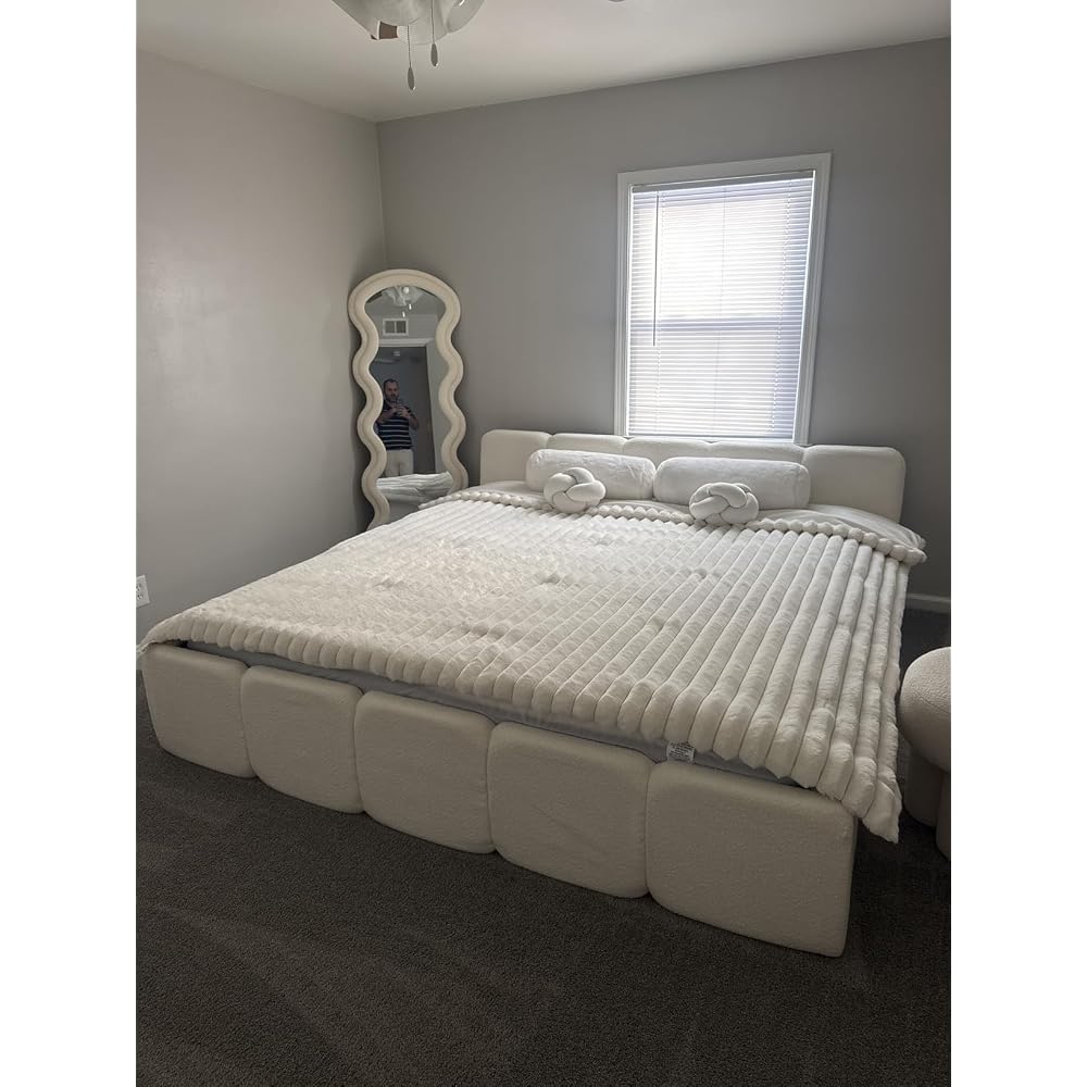 California King Boucle Platform Bed with Thick Headboard, Green